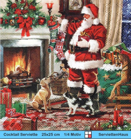 Nikolaus mit Hund im Wohnzimmer am Kamin - 1 Cocktail Serviette